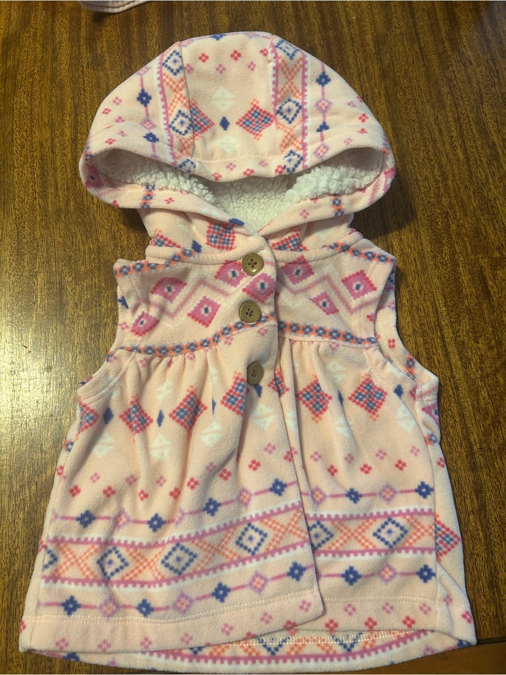 Carters 12m Pink Aztec Hooded Fleece Vest with Buttons